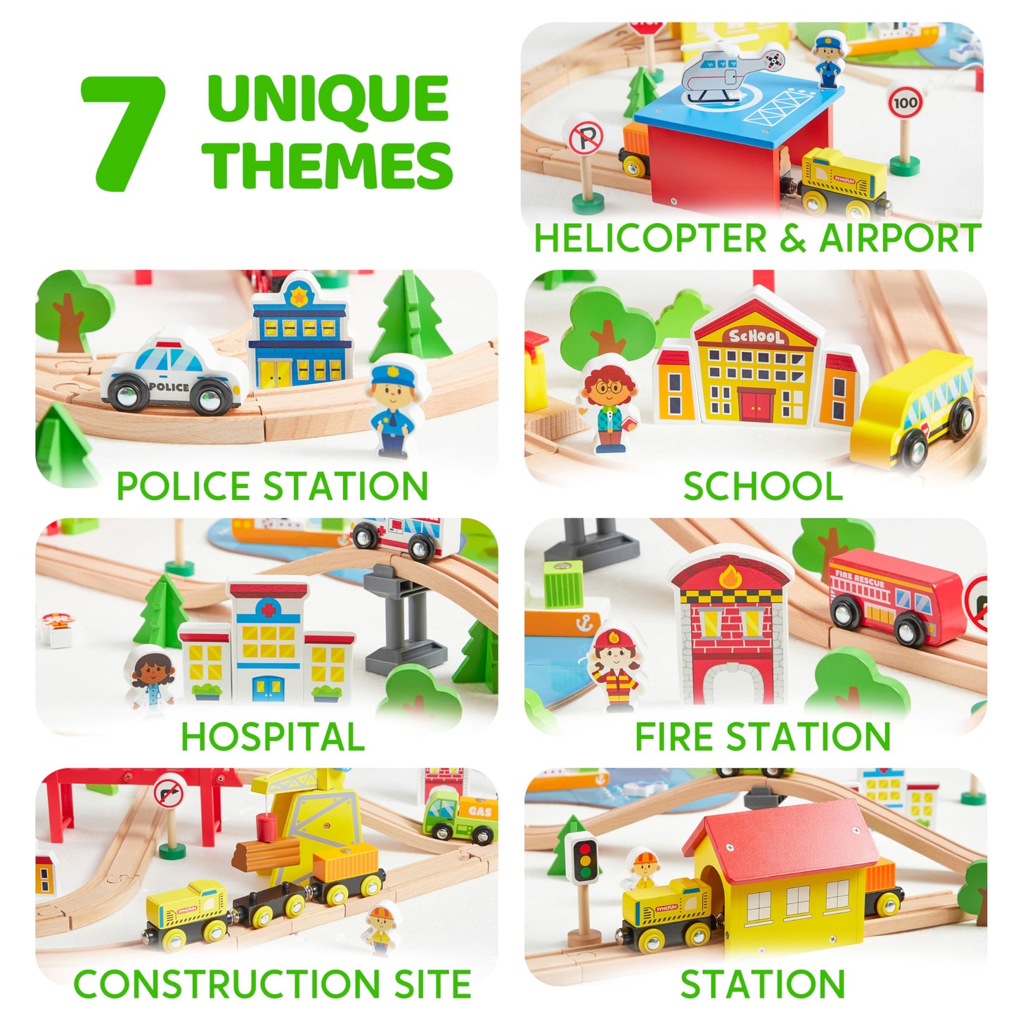 110Pcs Montessori Wooden Train Set - Urban Journey, City Scene Railway Set With Magnetic Trains, Cars, Helicopter & Ship, Perfec