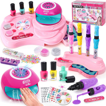 B Bascolor Kids Nail Polish Set for Girls Toy, 4 Nail Draw Pen/Nail Dryer/3 Nail Polish/2 Storage Base/Sticker/Powder Decor, Bir