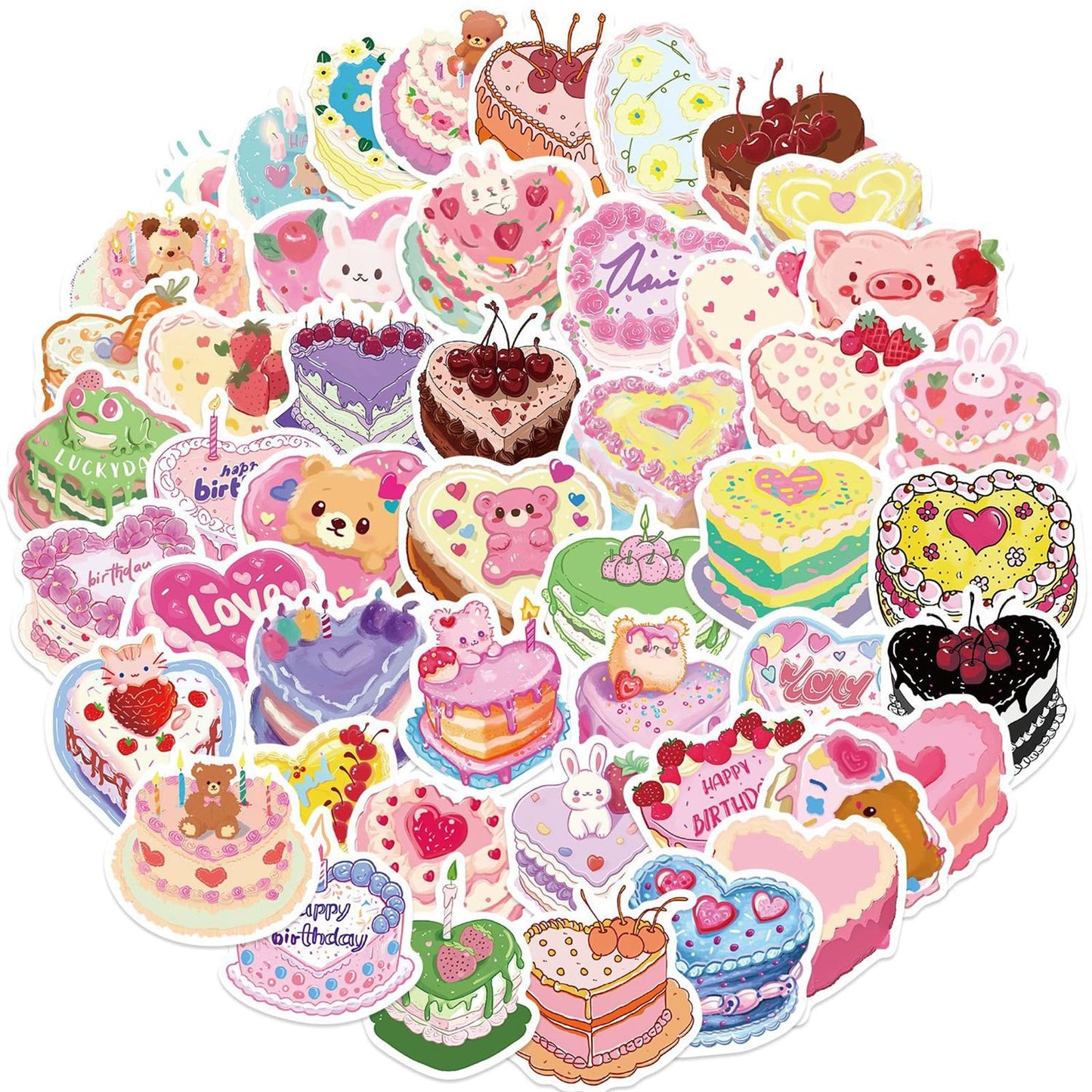50Pcs Birthday Cake Stickers Cartoon Heart Shaped Cake Stickers Kawaii Love Aesthetic Vinyl Waterproof Sticker For Laptop,Guitar