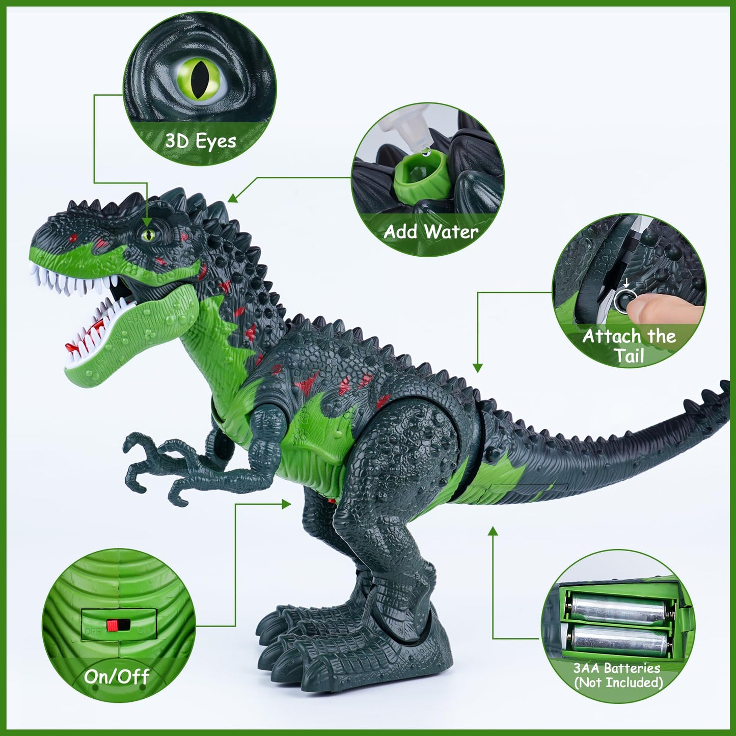 AHCo. Big Walking T-Rex Dinosaur Toy Plus for Kids - Realistic Tyrannosaurus Toys with 3D Eyes, Mist Spray, Lights and Roar Soun