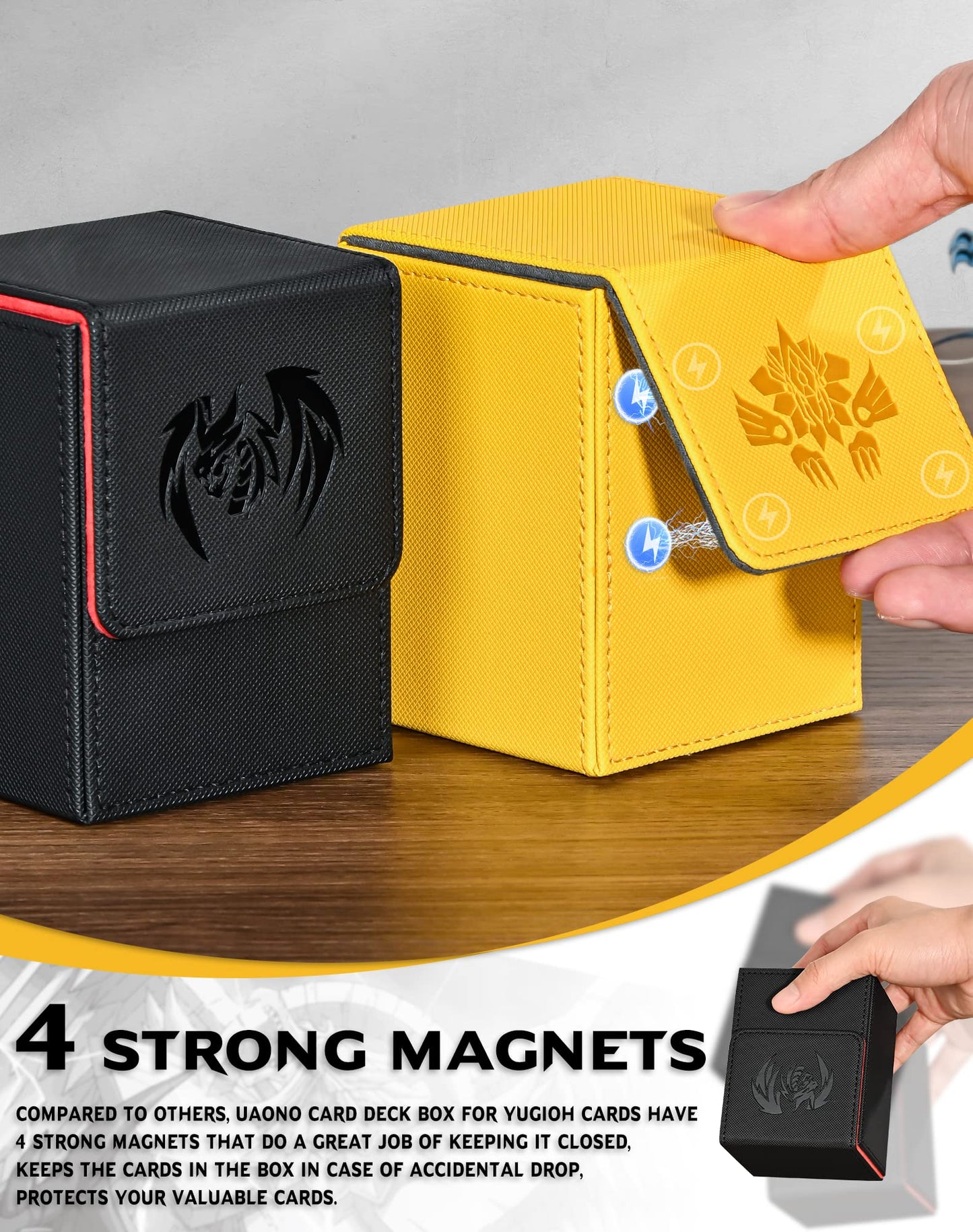 Uaono Card Deck Box For Yugioh Mtg, 100+ Deck Case With 2 Dividers Fits Tcg Ccg Ptcg, Pu Leather Strong Magnet Card Storage Box Compatible With Magic Commander Trading Cards (Navy, Sky Dragon)