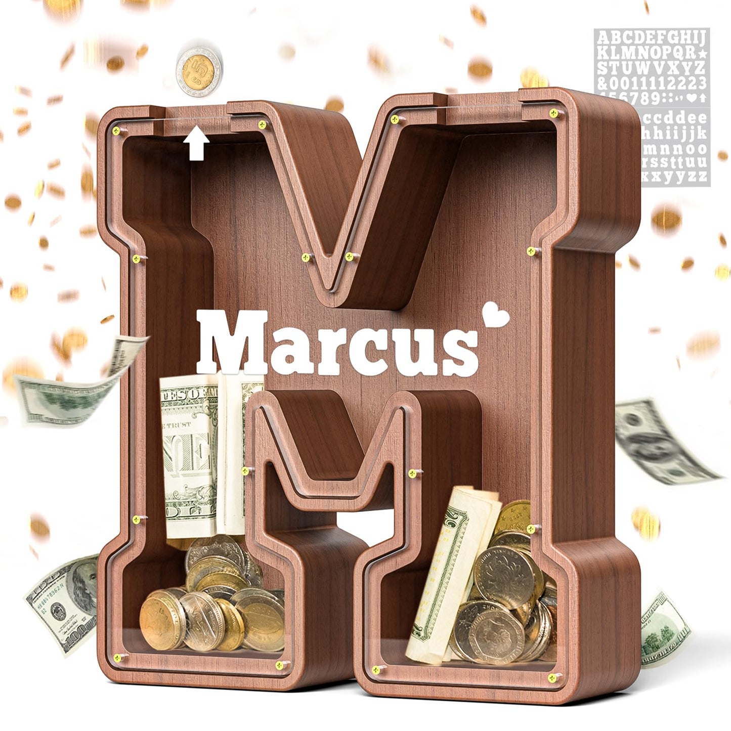 Summidate Wooden Letter Piggy Bank  Extra Thick Large Capacity Piggy Bank for Kids Boys Girls Toddler  Alphabet M Money Bank| Coin Box Birthday  Christmas  Festival