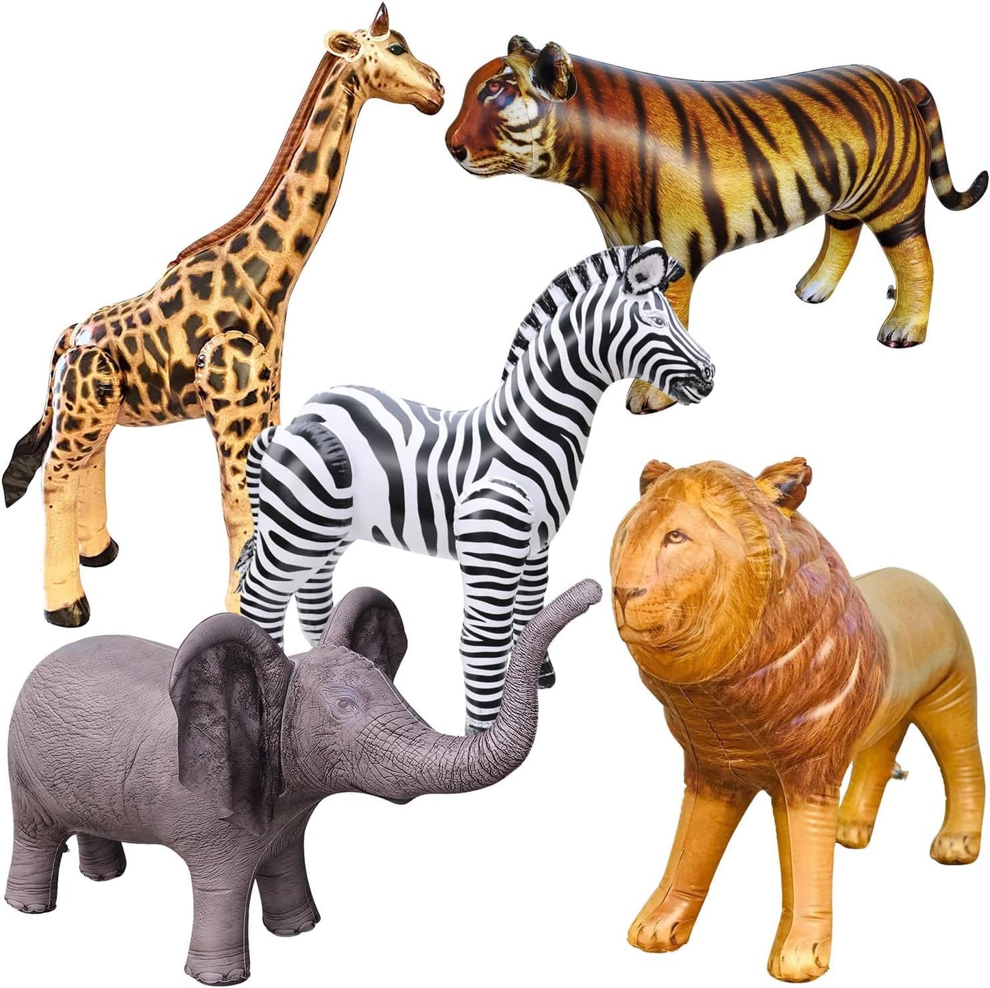 Airniture Inflatable Wildlife Safari Set - 5-PK Realistic Animals (Giraffe 36", Zebra 32", Elephant 19", Lion 24", Tiger 20") - Mult