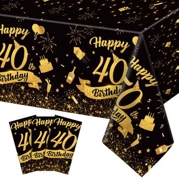 NatNarr 3 Pack 40th Birthday Tablecloth, Plastic Black Gold Table Cloths 40th Birthday Table Cover, Disposable Rectangle Table C