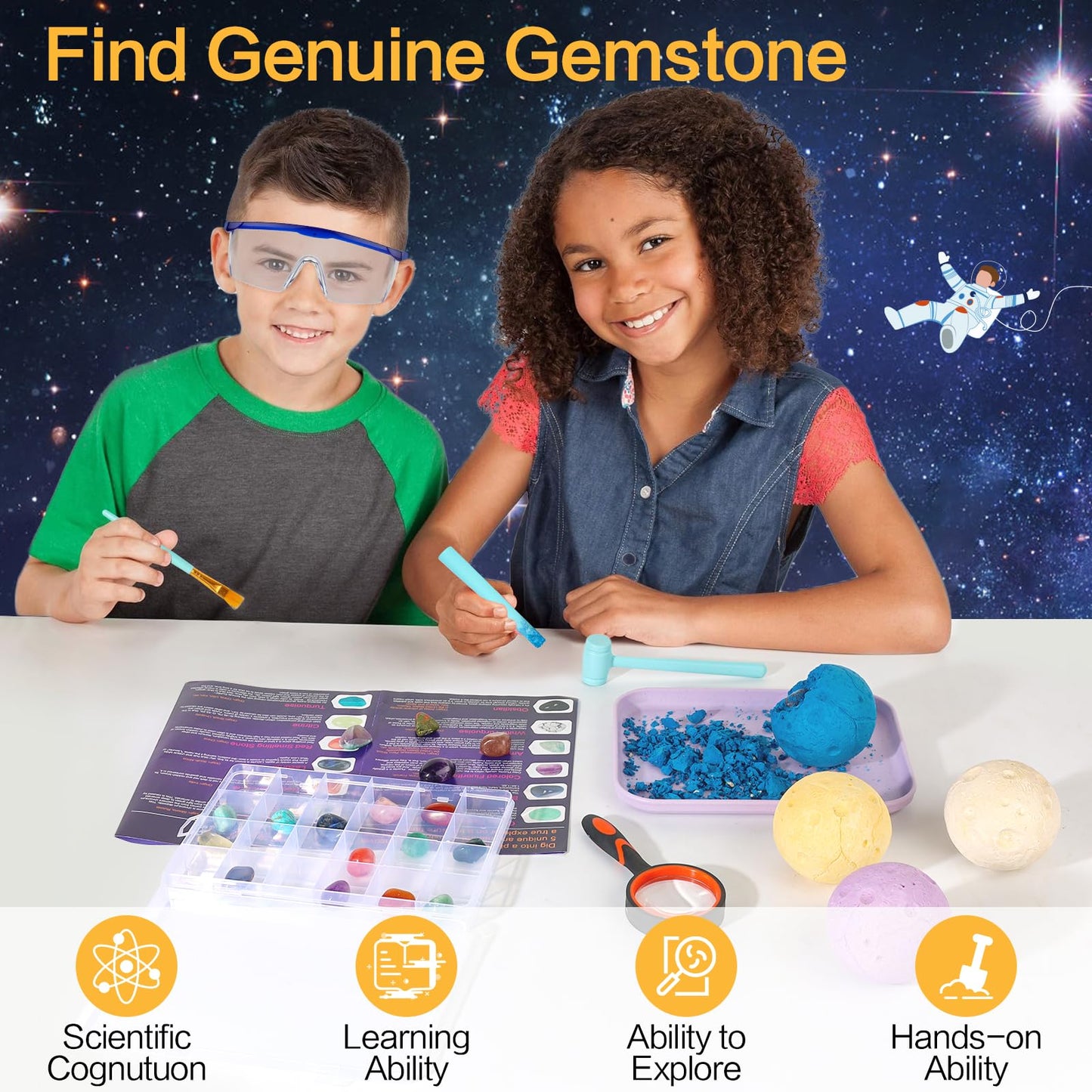 Qlkunla Gemstones Dig Kit, Excavate 24 Real Gems In Solar System Stem Educational Space Toys For Boys & Girls Archaeology Geolog
