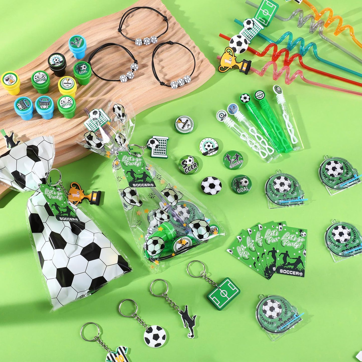 Saypacck 197 Pcs Soccer Party Favors with Ball Bracelets Mini Pinball Mini Bubble Wands Straws Keychains Badges Stickers Stamps