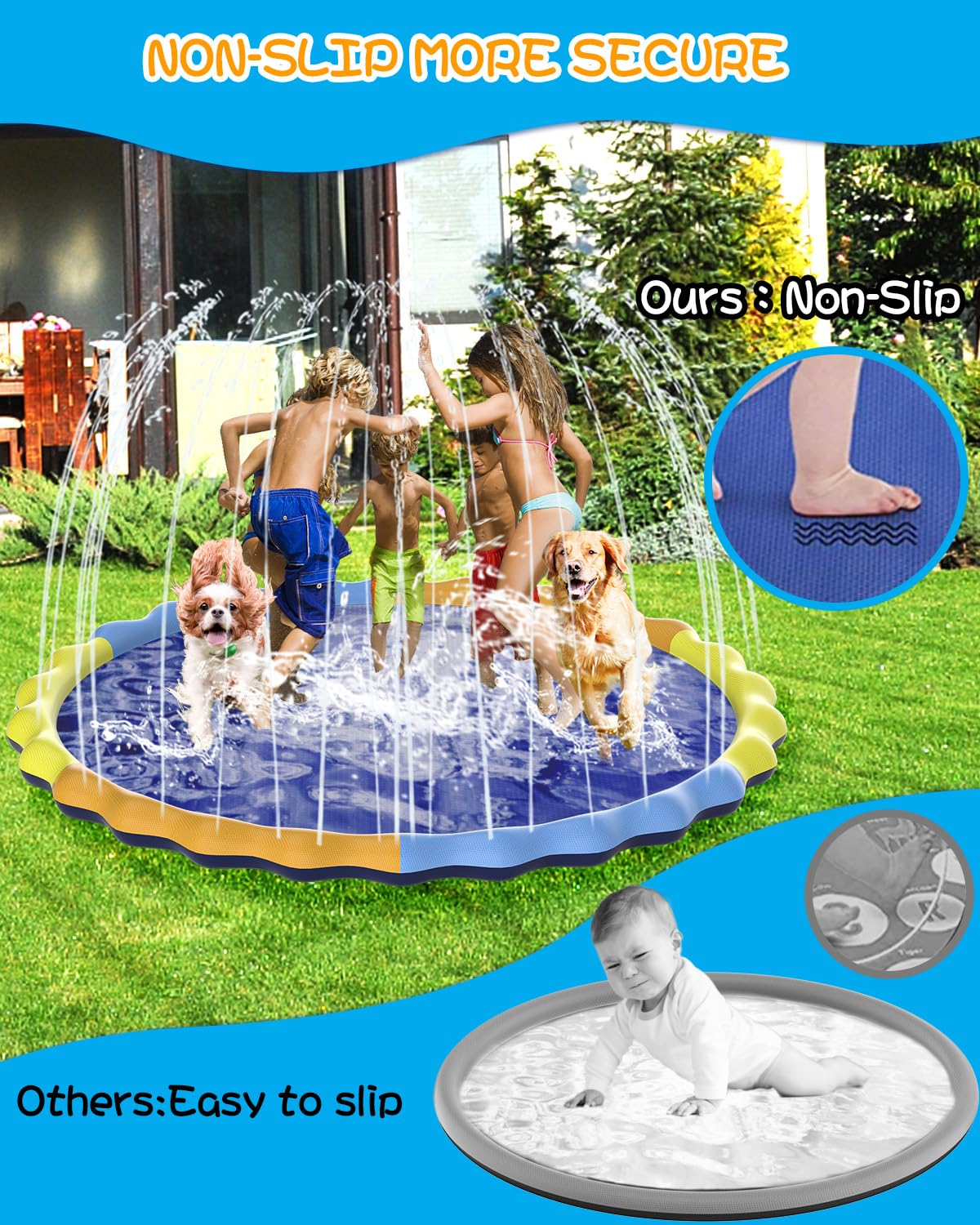 Instraella 124'' Large Splash Pad for Dog and Kids, 10.3FT Non-Slip Sprinkler Mat 1mm Thickened and Foldable Large Pool Summer F