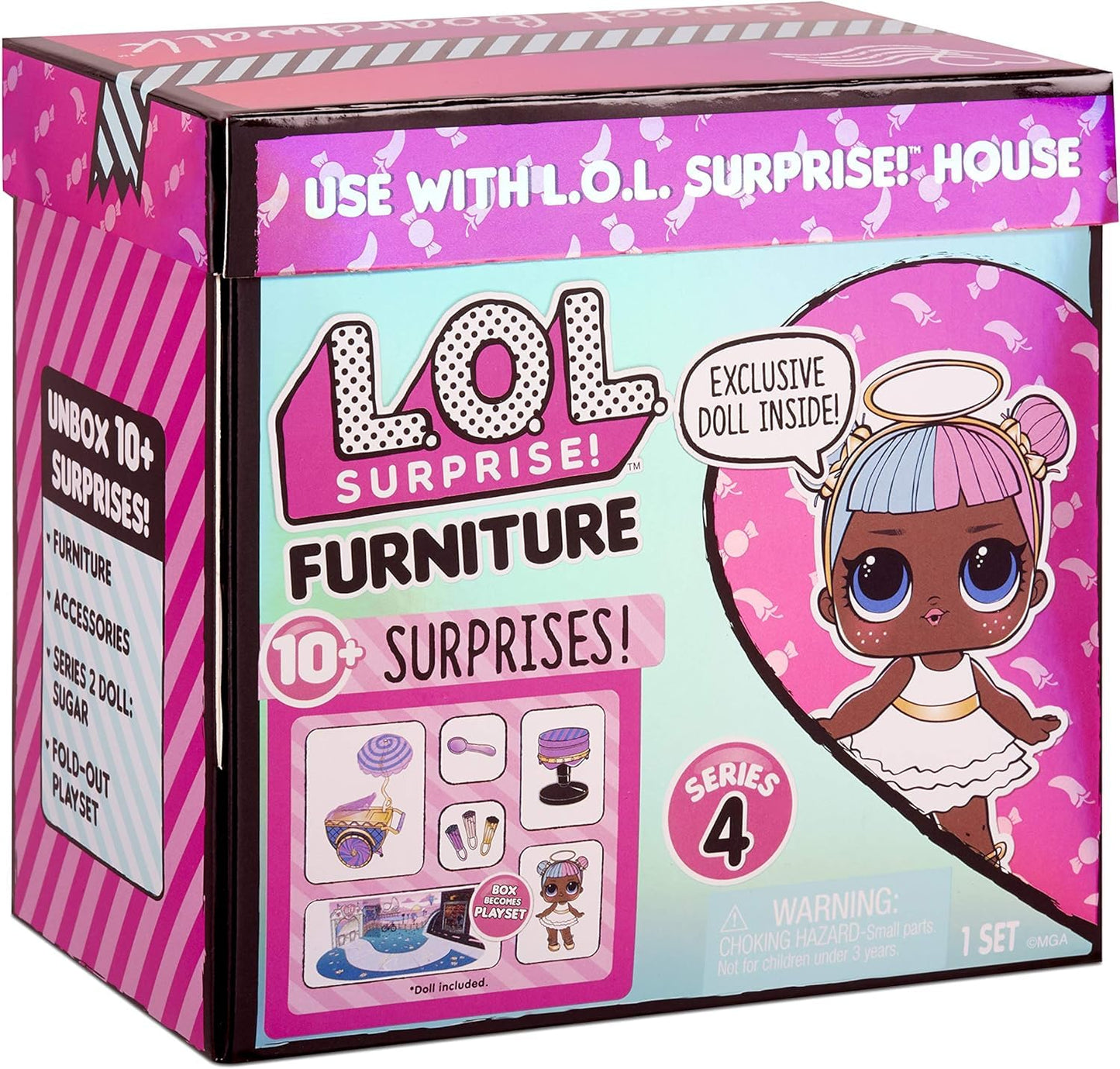 L.O.L. Surprise! LOL Surprise Furniture Sweet Boardwalk with Sugar Doll and 10+ Surprises, Doll Candy Cart Furniture Set, Access