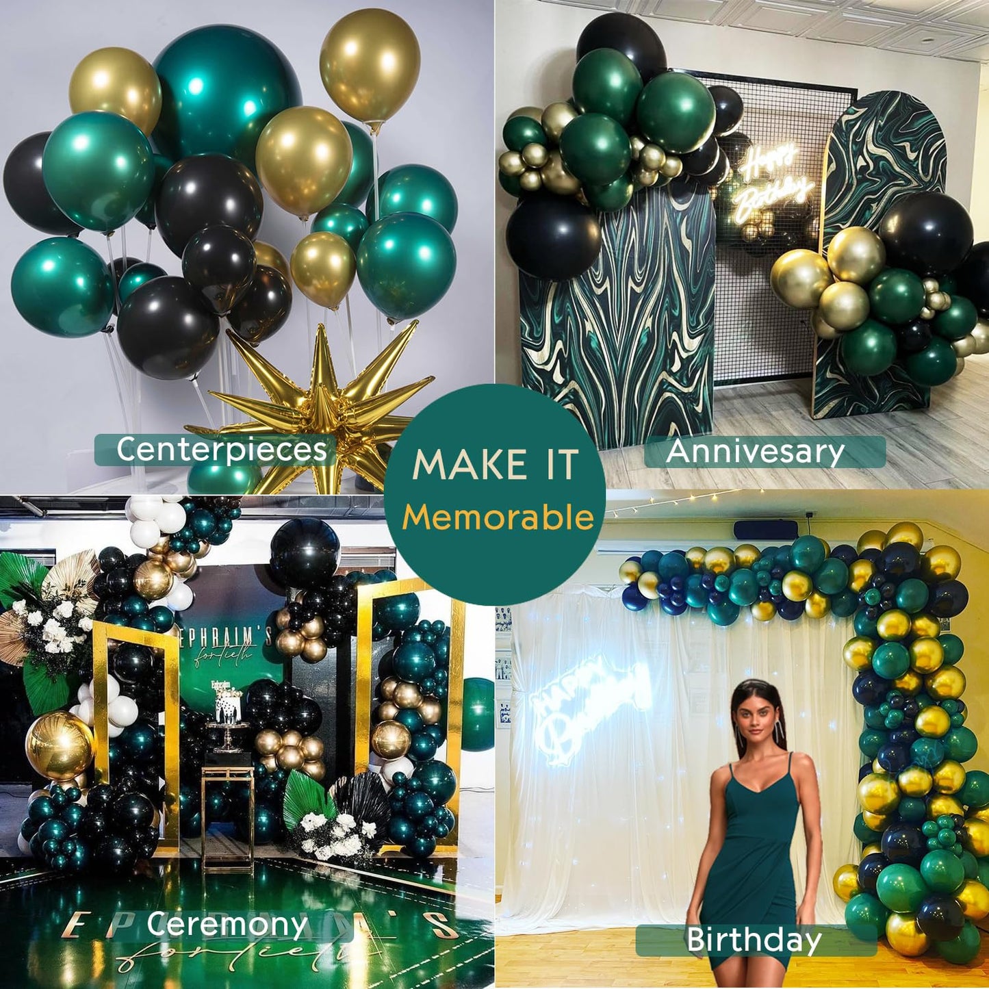 Emerald Green And Gold Black Balloon Garland Arch Kit Luxury Customized Double Stuffed Dark Green Teal With Starburst Balloons F
