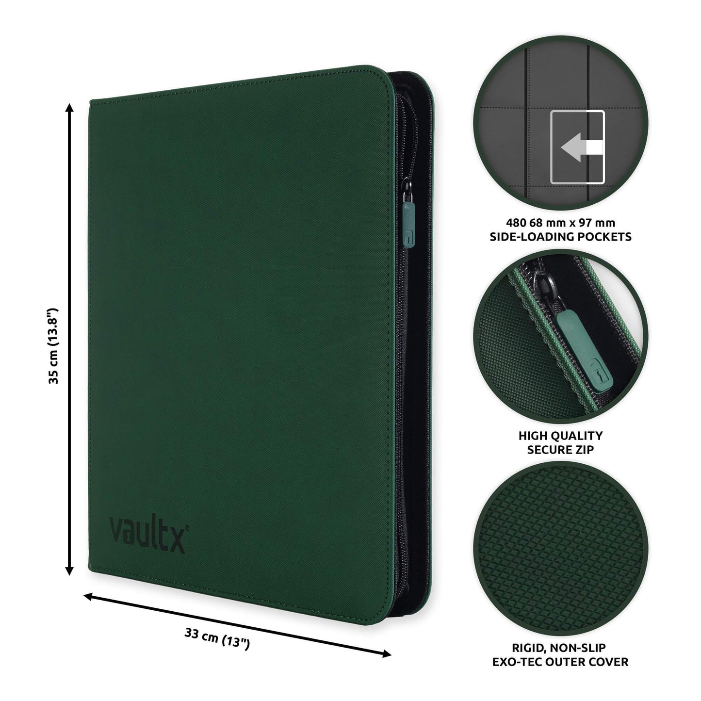 Vault X 12 Pocket Trading Card Zip Binder - 480 cards  enhanced Exo-Tec Album Material  20 Side-Loading Pages  Folder for Collectible Card Games  Sports  TCG (Green)