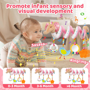 Car Seat Toys For Babies Boys Girls 0 2 4 6 7 9 10 11 12 Months,Spiral Hanging Plush Toys Activity Stroller Toy Sensory Hanging