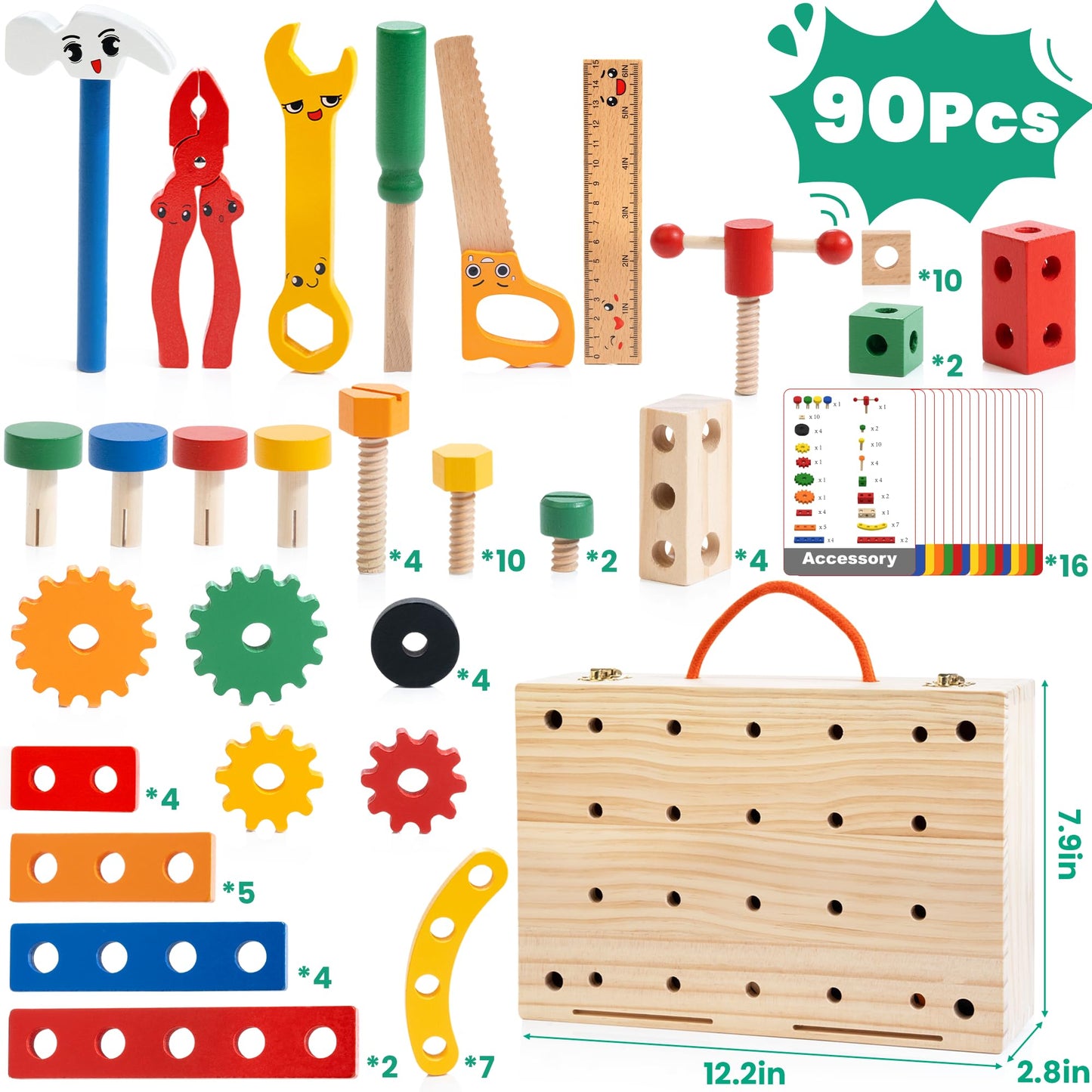 WOOOMAM Kids Tool Set, 90 PCS Wooden Toddler Tool Set with Box and Flash Cards, Tool Kit for Kids Age 3-5 Years, Toddler Boy Toy