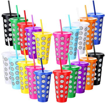 Potchen 20 Pcs Volleyball Plastic Tumbler with Lid and Straw Christmas Cup Gift 24 oz Volleyball Cups Reusable Sports Ball Plast