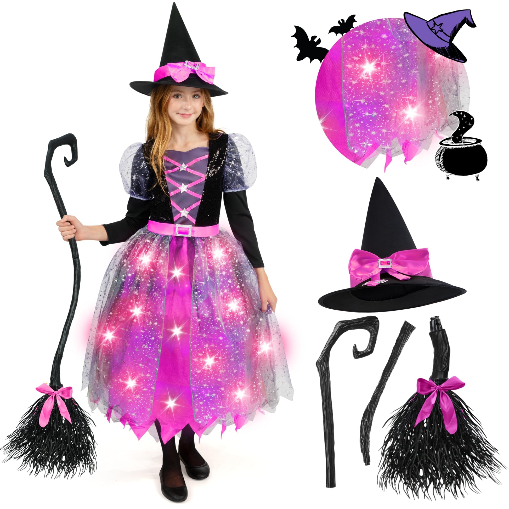 Spooktacular Creations Witch Costume Kids  Light Up Halloween Costumes Witch Dress with Hat and Broom for Girls  Sweet Wizard Set for Toddler Scary Halloween Themed Parties  Pink  S