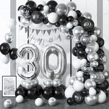 30Th Birthday Decorations Black Silver,30Th Birthday Balloon Garland Party Decorations With Number 30 Foil Balloons,Happy Birthd