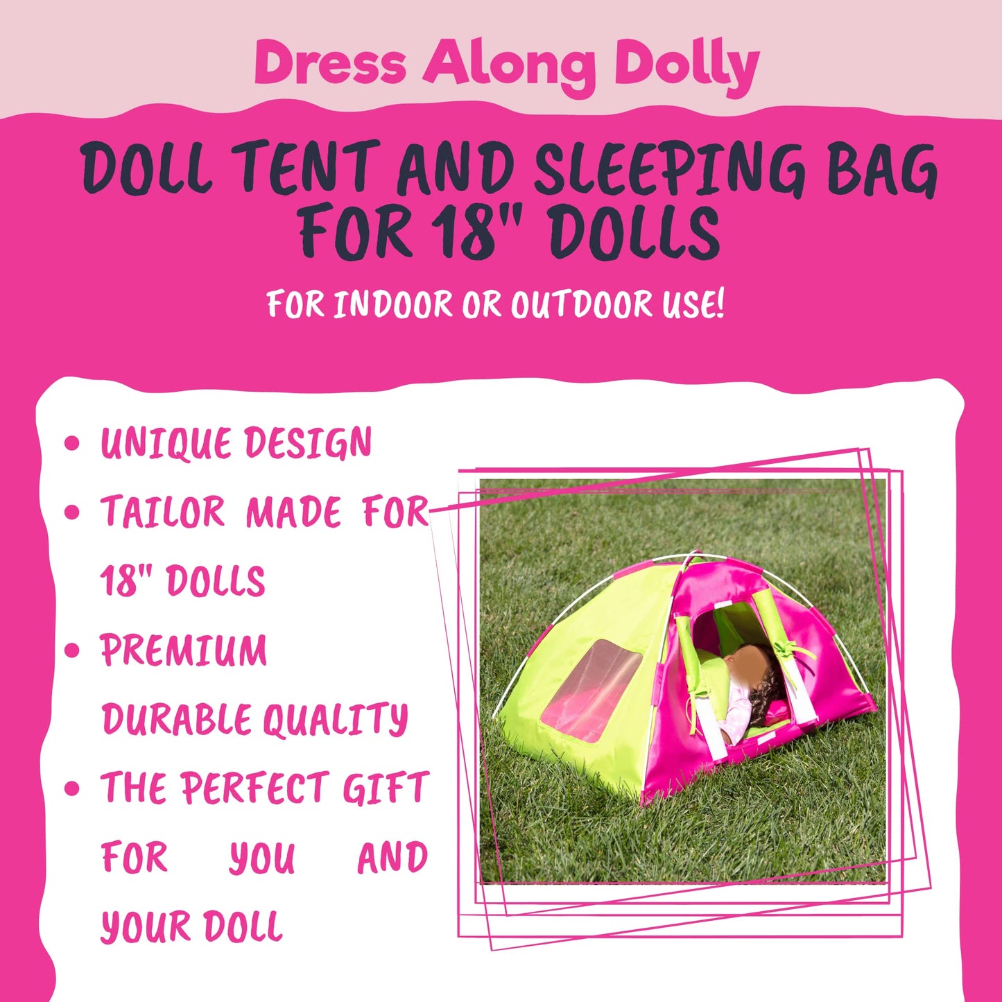 Dress Along Dolly Doll Camping Bed Tent w Sleeping Bag & Pillow - enhanced Handmade Furniture Accessories for 18 Dolls - Large Sized -23x 15x14
