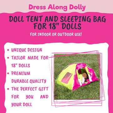 Dress Along Dolly Doll Camping Bed Tent w Sleeping Bag & Pillow - enhanced Handmade Furniture Accessories for 18 Dolls - Large Sized -23x 15x14