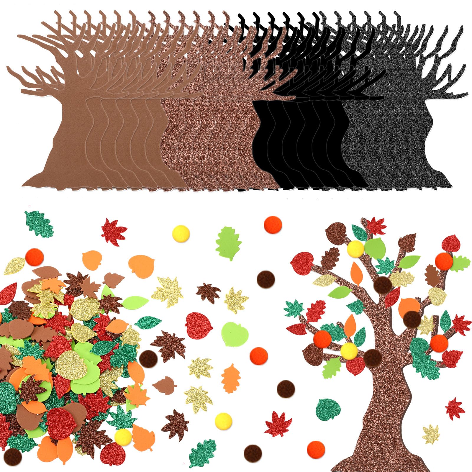 SEPGLITTER 524 Pcs Fall Crafts for Kid, Glitter Maple Leaf Stickers Pompoms Autumn DIY Self Adhesive Foam Stickers Tree Art for 