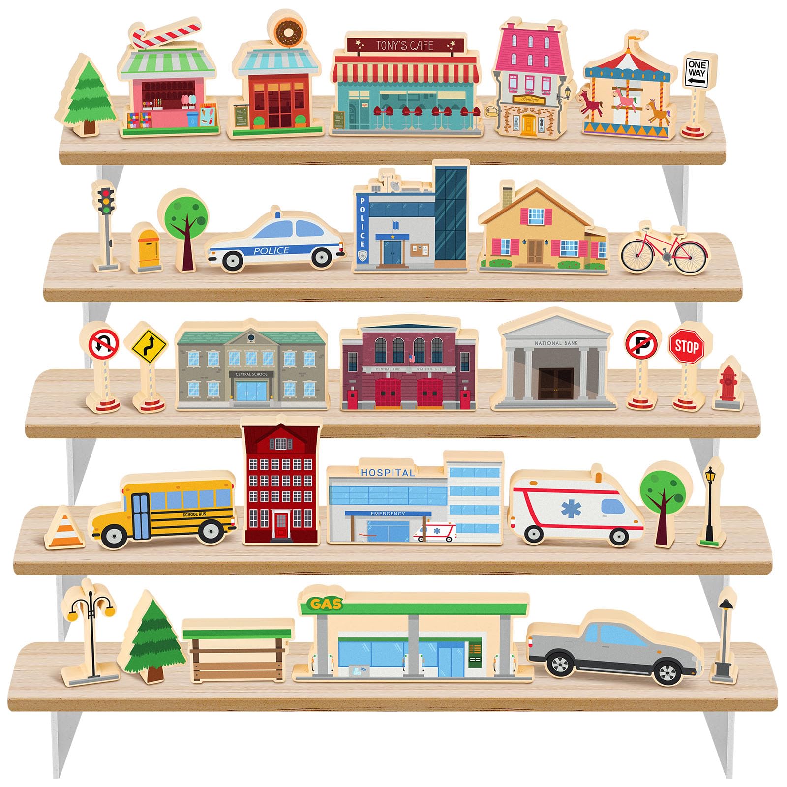 35 PCS Wooden City Play Set Wood Blocks Town Buildings Street Traffic Signs Cars Trees Pretend Play Toys for Play Mats Preschool