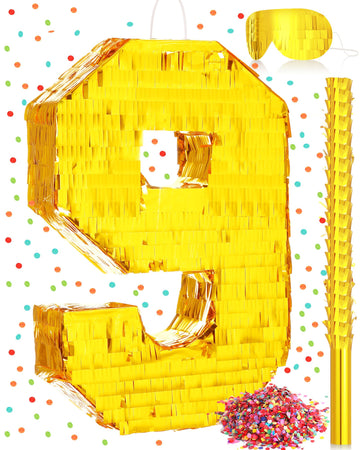Sratte Number Piñata Birthday Piñata Decorations Gold Foil Piñata With Stick Blindfold Confetti For Boy Girl Birthday Party Decorations Anniversary Celebrations Fiesta Supplies(Number 9)