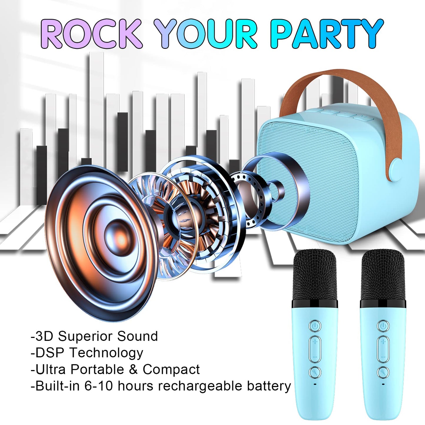 Yll Mini Karaoke Machine For Kids, Portable Bluetooth Speaker With 2 Wireless Microphones,18 Pre-Loaded Songs, Birthday For 3 4 5 6 7 8 + Year Old Boys Toys (Blue)