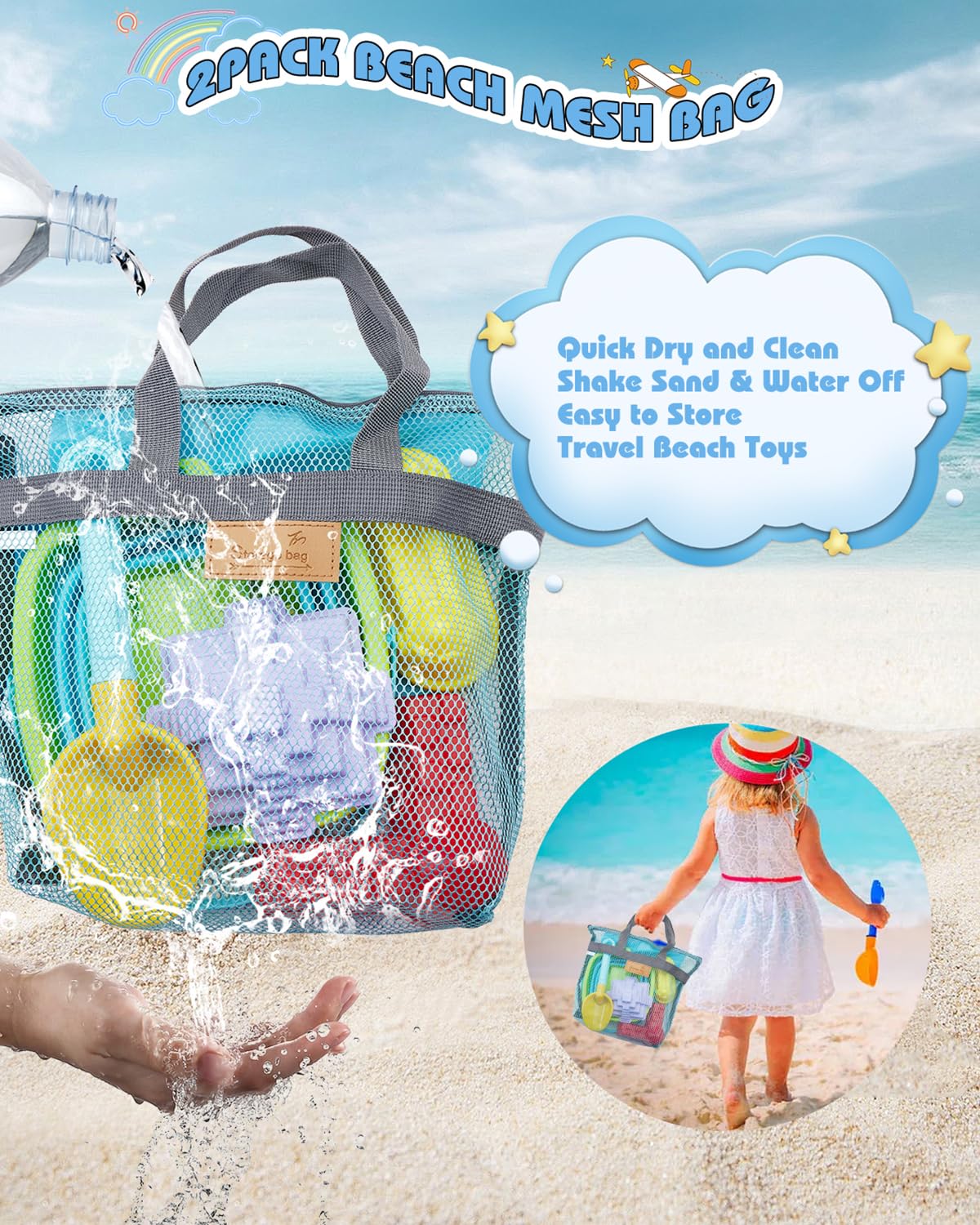 Beach Toys For Toddlers 1-3, Beach Toy Sand Toy For Kids Ages 4-8, 2 Collapsible Sand Bucket And Shovels, Mesh Bag, Sand Castle