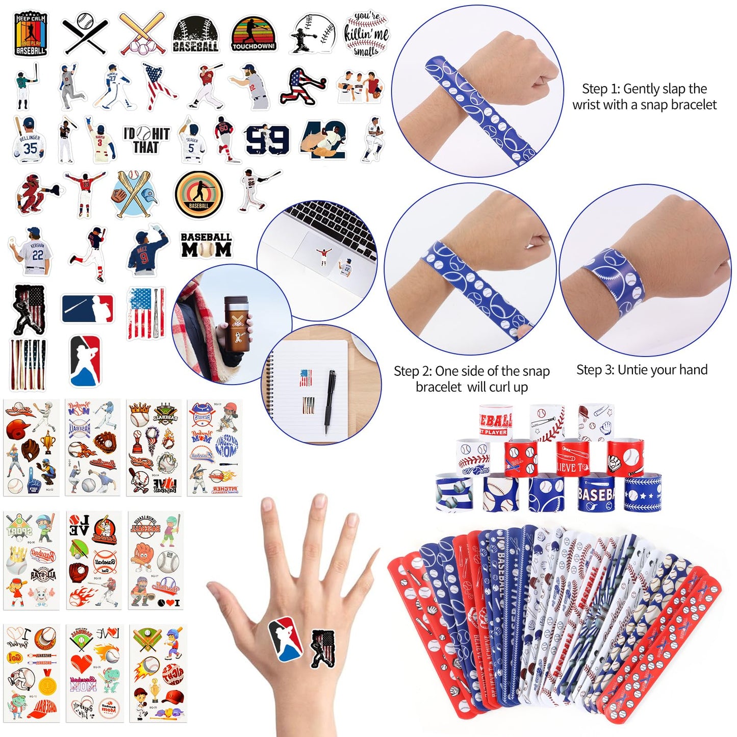 295 Pieces Baseball Party Favors Supplies Set Bulk Mini Baseballs Slap Bracelet Tattoo Sticker Keychain Adjustable Bracelet Good