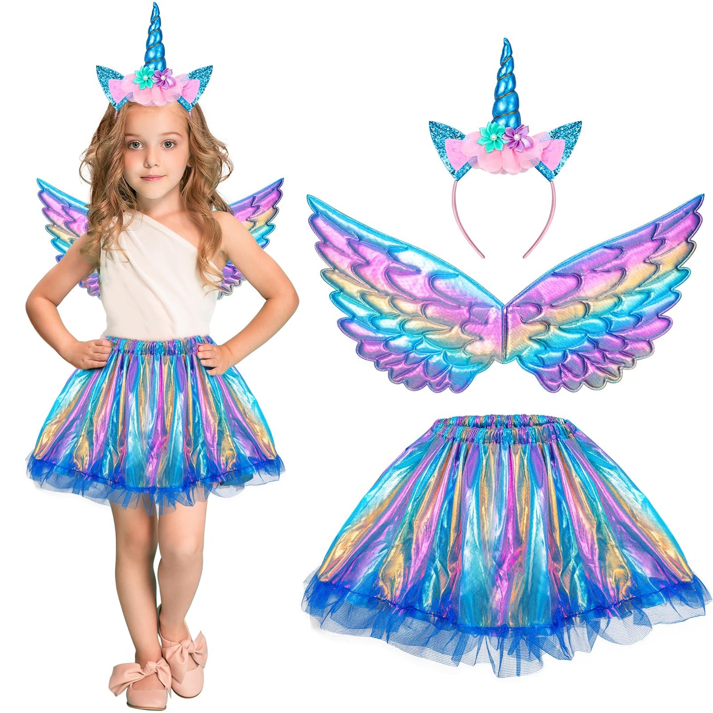 Hifot Unicorn Costume Kids Tutu Skirt For Girls With Unicorn Wings Headband Unicorn Dress For Birthday Outfit Halloween