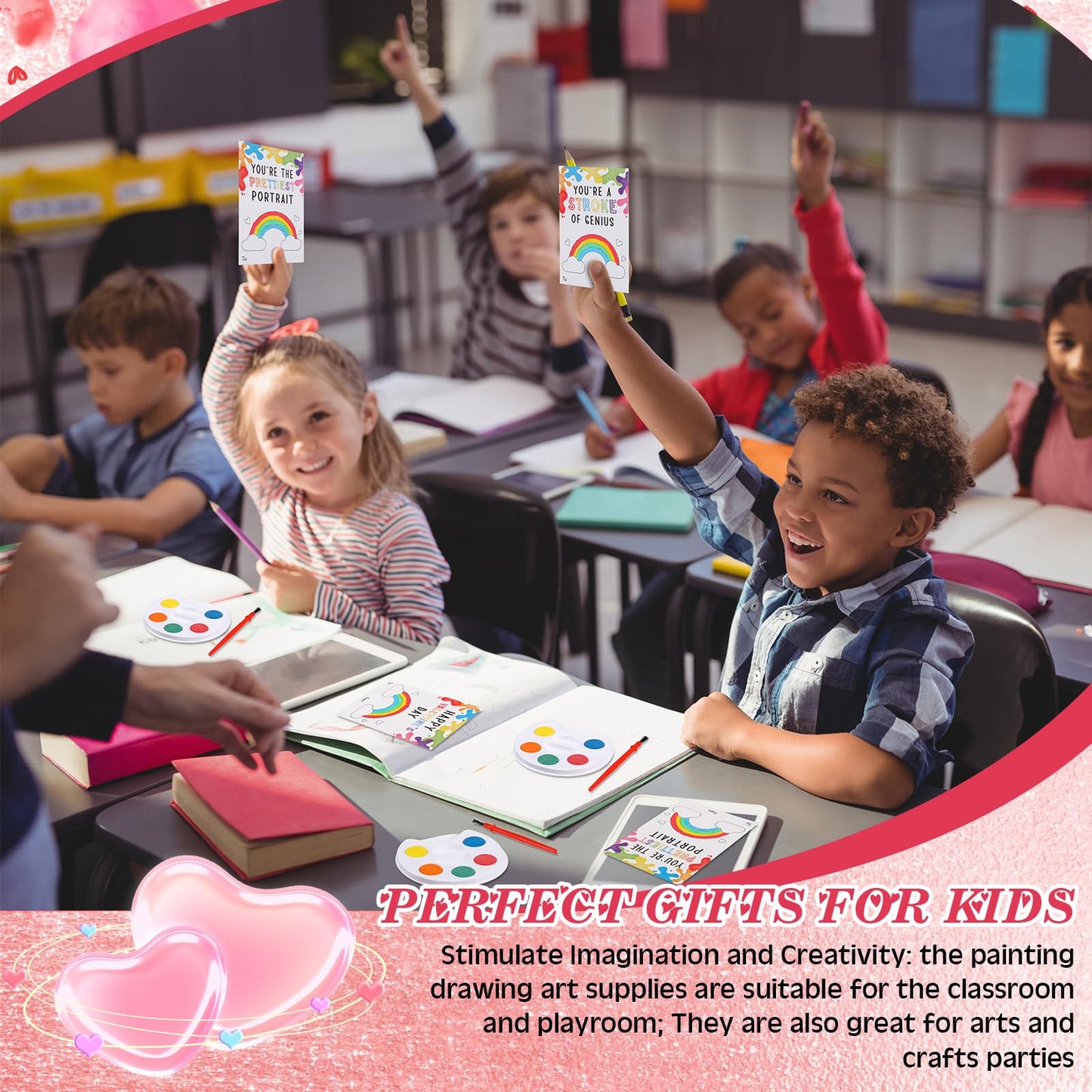 Sabary 24 Sets Valentines Day Gift for Kids, Valentines Gift Painting Cards Painting Canvas Panel with Wooden Easel Watercolor P