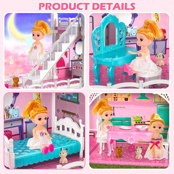 Dollhouses, Dreamhome Furniture Pink Girl Toys, 2 Stories 3 Rooms Dollshouse With 2 Princesses Slide Accessories, Toddler Playhouse Gift For For 3 4 5 6 7 8 9 10 Year Old Girls Toys