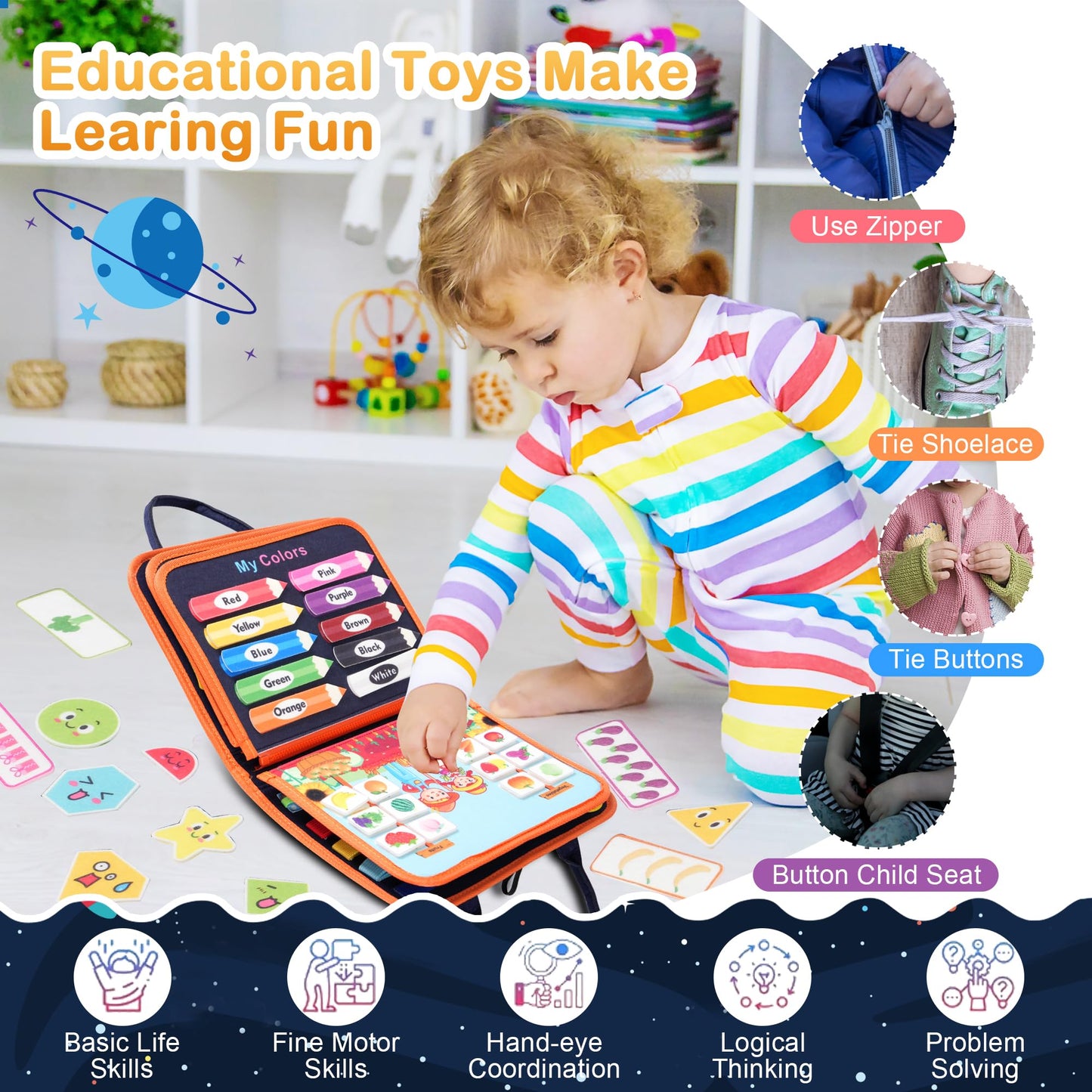 Toddler Busy Board Montessori Toys: For Toddlers 1-3 Year Old Educational Activity Book Sensory Board Travel Toy Ages 2-4 3-5 Le