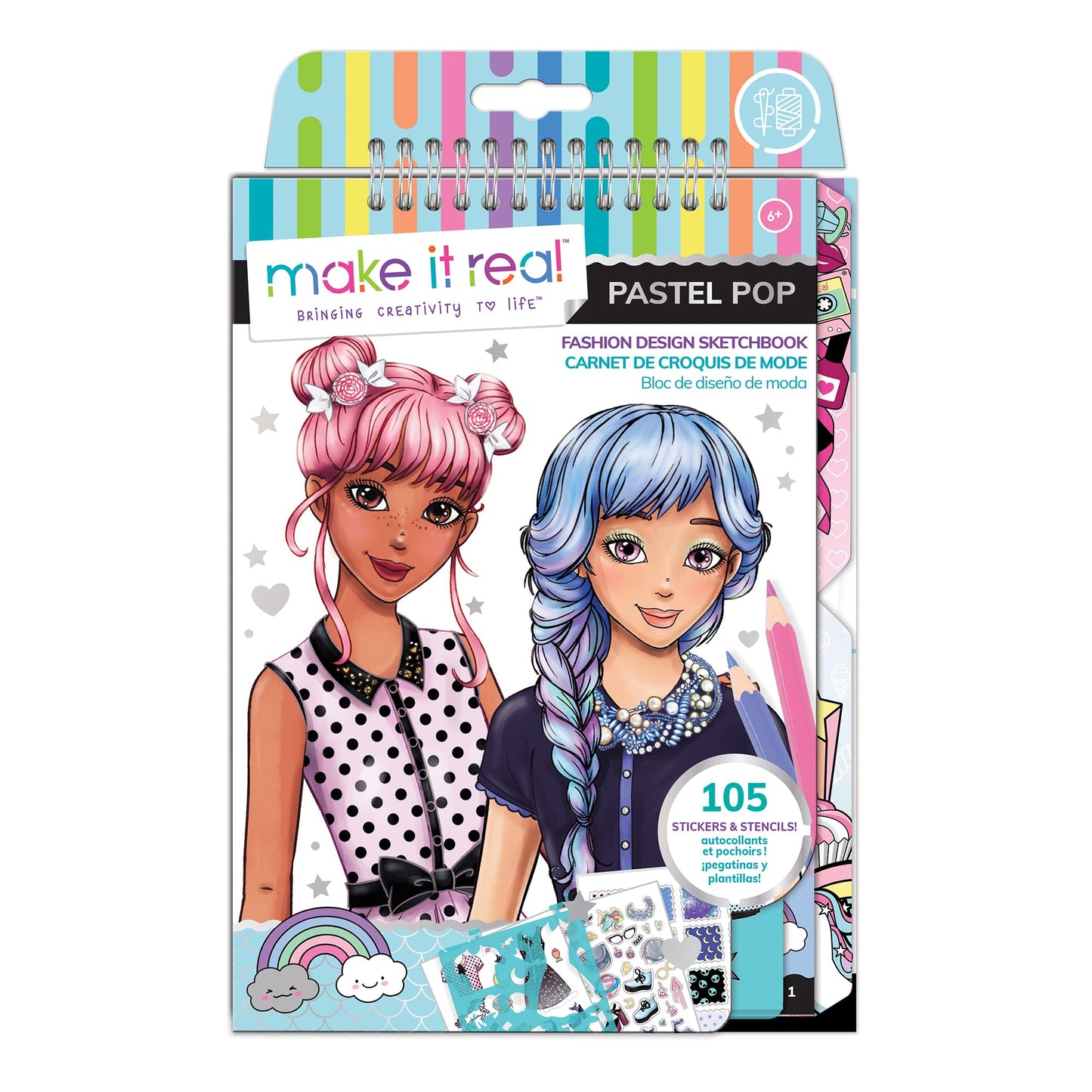 Make It Real Fashion Design Sketchbook for Girls - Pastel Pop Kit with 105 Stickers, Stencils, Design Guide - Pastel & Rainbow-T