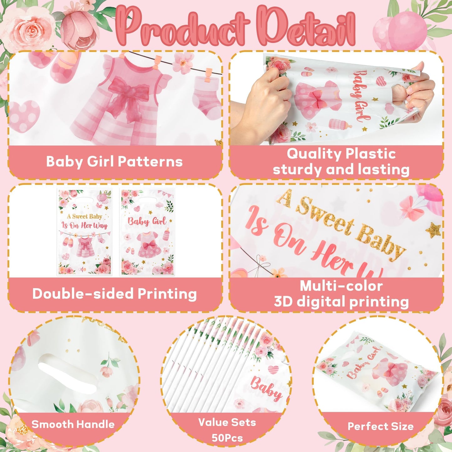 ArianQicult 50Pcs Pink Floral Baby Shower Party Favor Bags, A Sweet Baby is on Her Way Goody Treat Bags, Its a Girl Pink Plasti