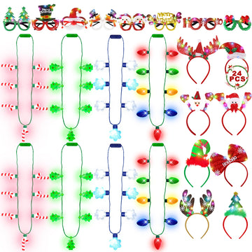 24 PCS Christmas Party Favors, Light Up Candy Cane Snowflake Tree Bulb Necklace LED Headwear Glow Eyeglasses Set for Bulk Xmas G