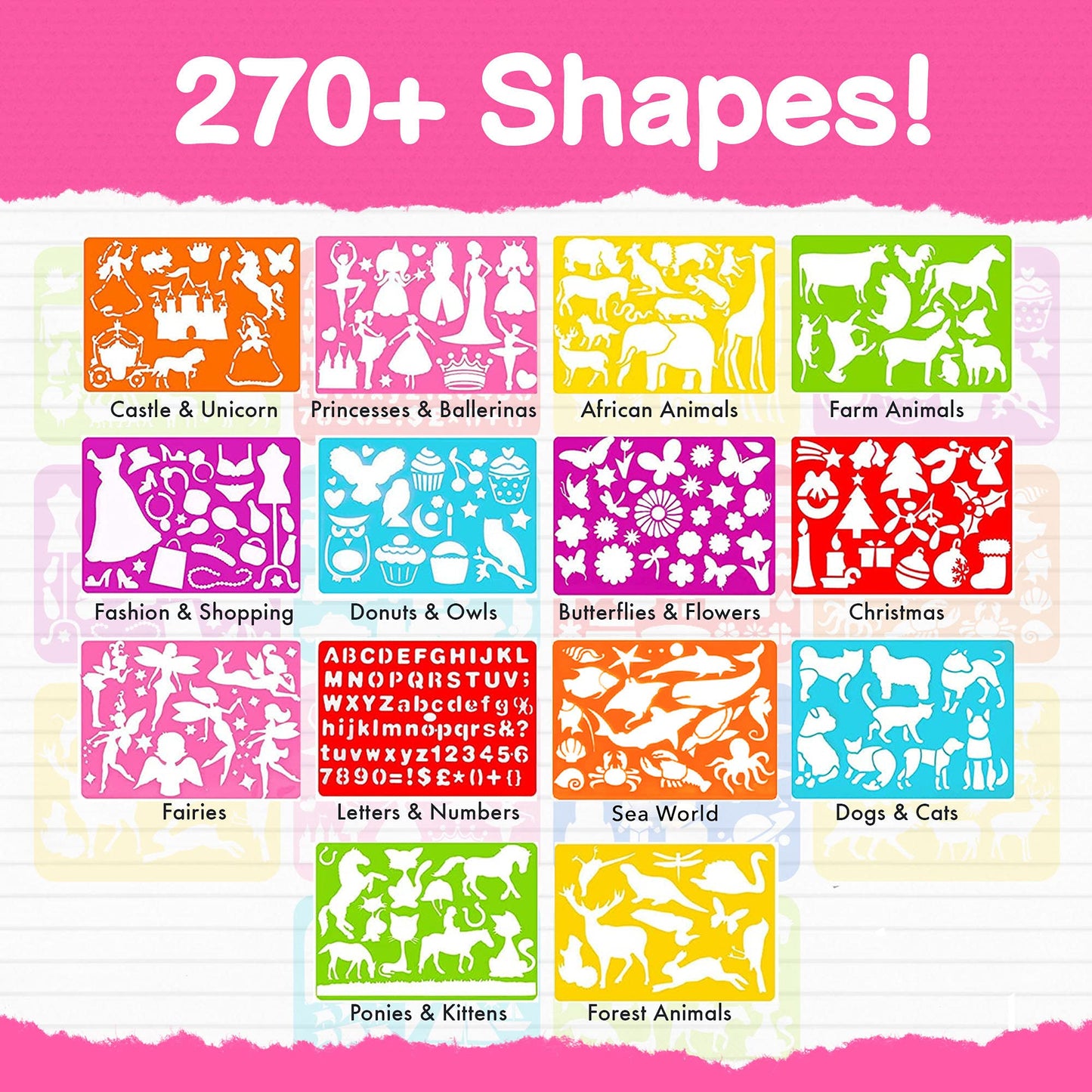Mimtom Drawing Stencil Kit for Kids, 51 PC Art Set with 270+ Shapes, Sketch Pad, and Colored Pencils for Childs DIY Arts and Cr