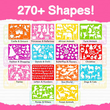 Mimtom Drawing Stencil Kit for Kids, 51 PC Art Set with 270+ Shapes, Sketch Pad, and Colored Pencils for Childs DIY Arts and Cr