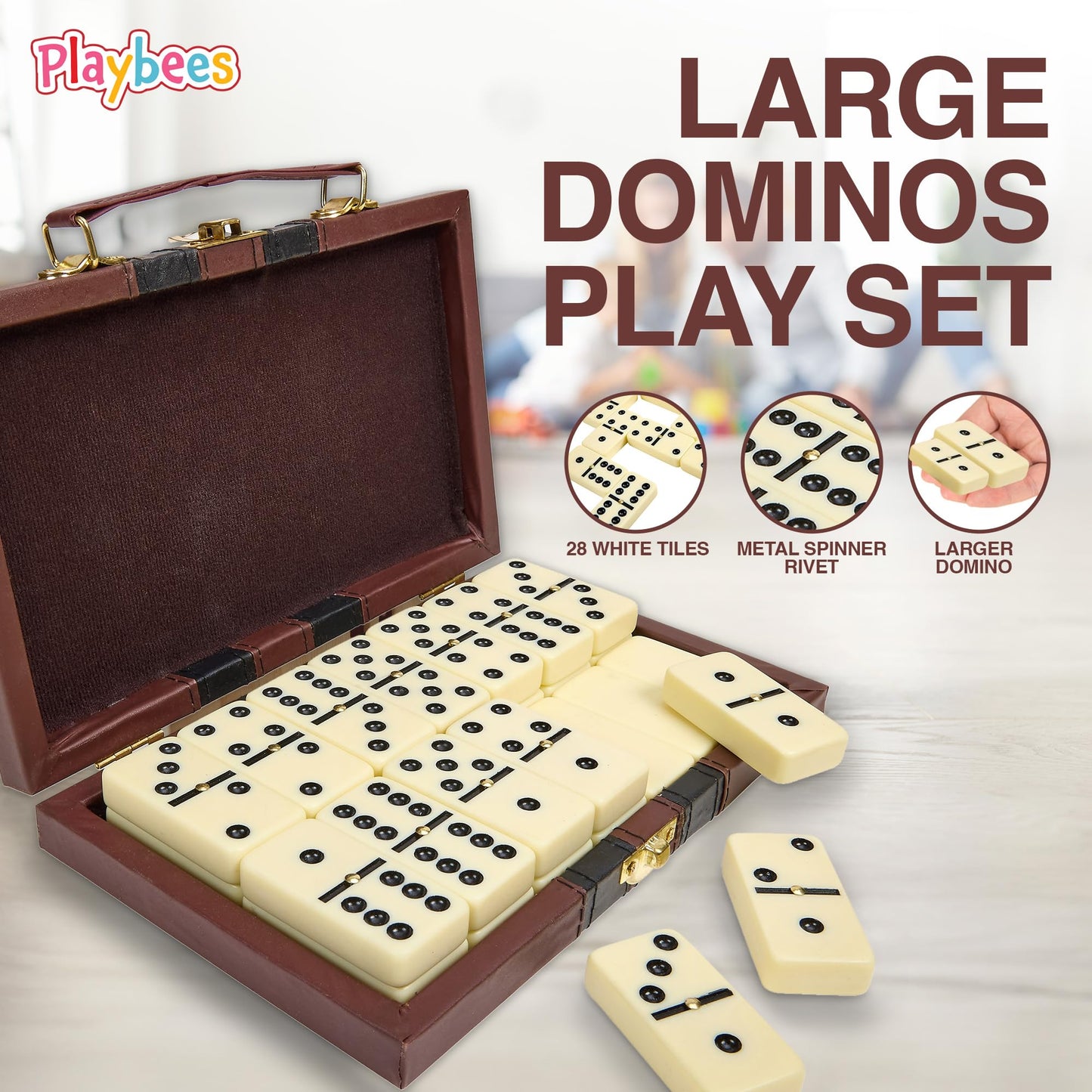 Playbees Jumbo Double Six Domino Set - 28 Thick White Tiles - Sophisticated Wooden Vegan Leather Box - Classic Family Game - Mat
