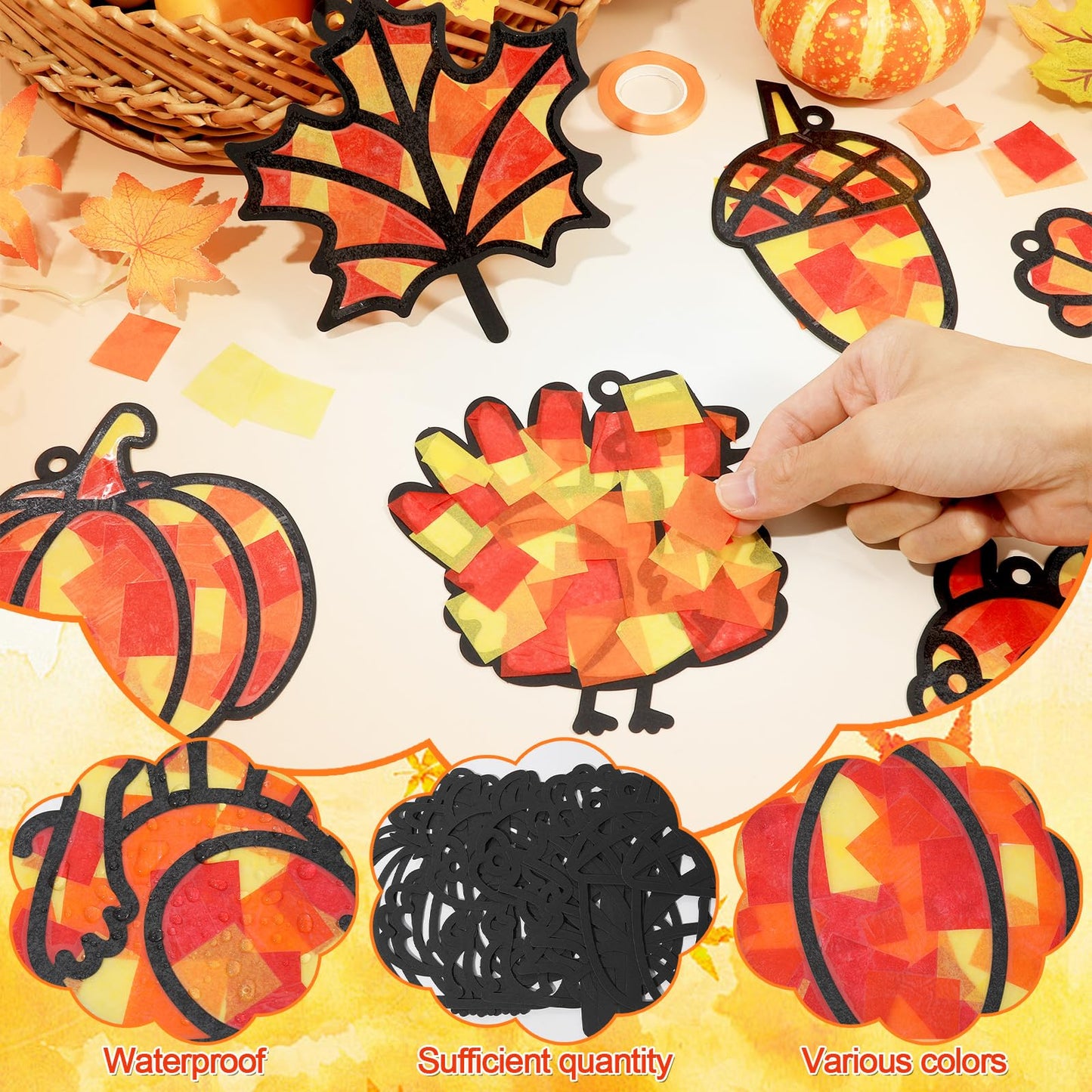Qyeahkj 36 Set Fall Suncatchers Crafts for Kids DIY Autumn Leaf Pumpkin Acorn Squirrel Window Tissue Paper Craft Kit Hanging Dec