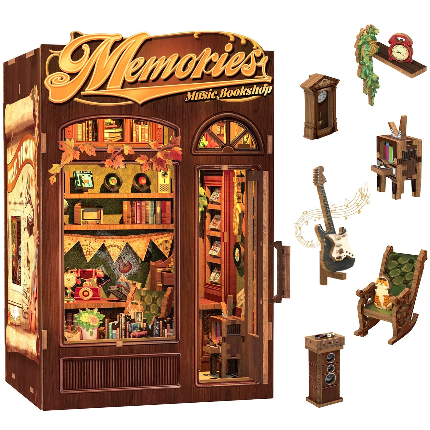 CUTEBEE Book Nook Kit - DIY Miniature House Dollhouse Kit for mature-themed and Teens  Booknook Bookshelf Decor Alley Model Build with LED Light  Gifts for Family and Friends (Memories Music Bookshop)
