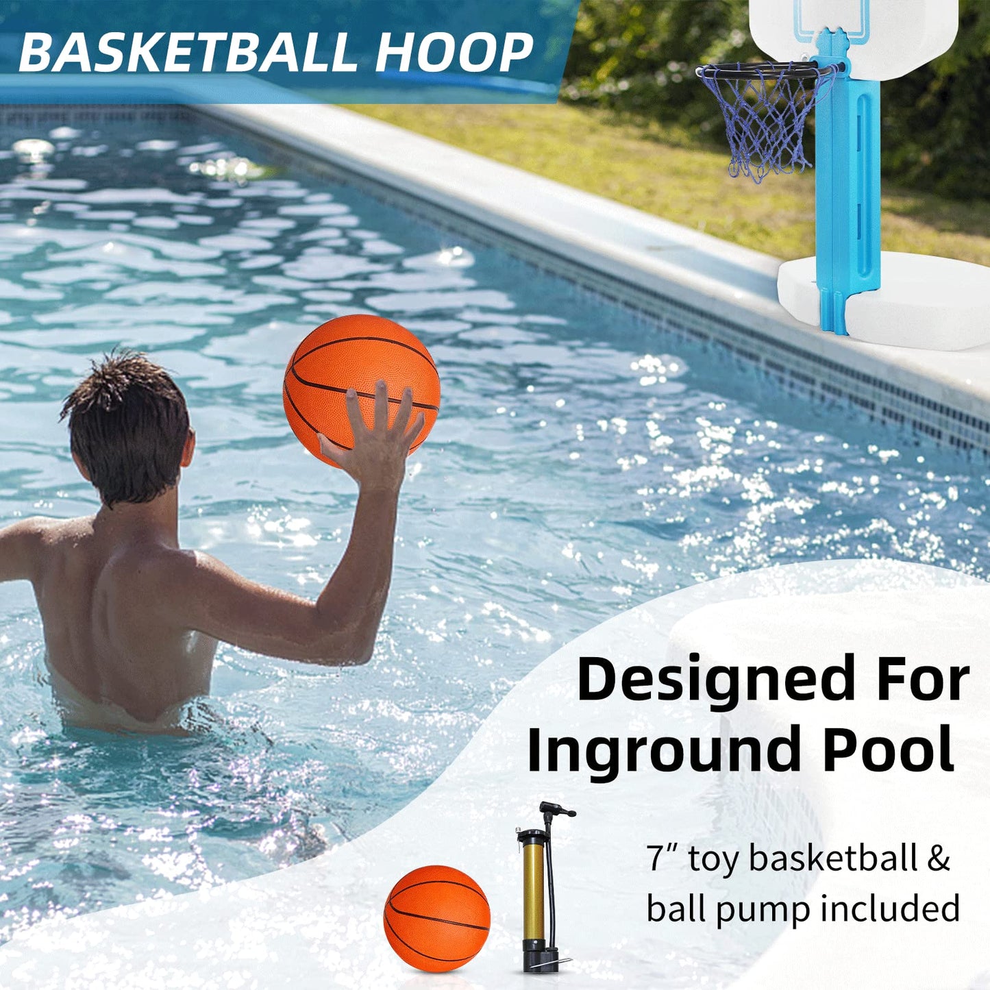 Blue Bay 2-In-1 Pool Basketball Hoop Poolside & Volleyball Set For Inground Pool Games Combo For Swimming Pool.