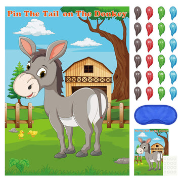 Fepito Pin The Tail On The Donkey Party Game With 24 Pcs Tails For Kids Birthday Party Decorations, Carnival Circus Party Supplies