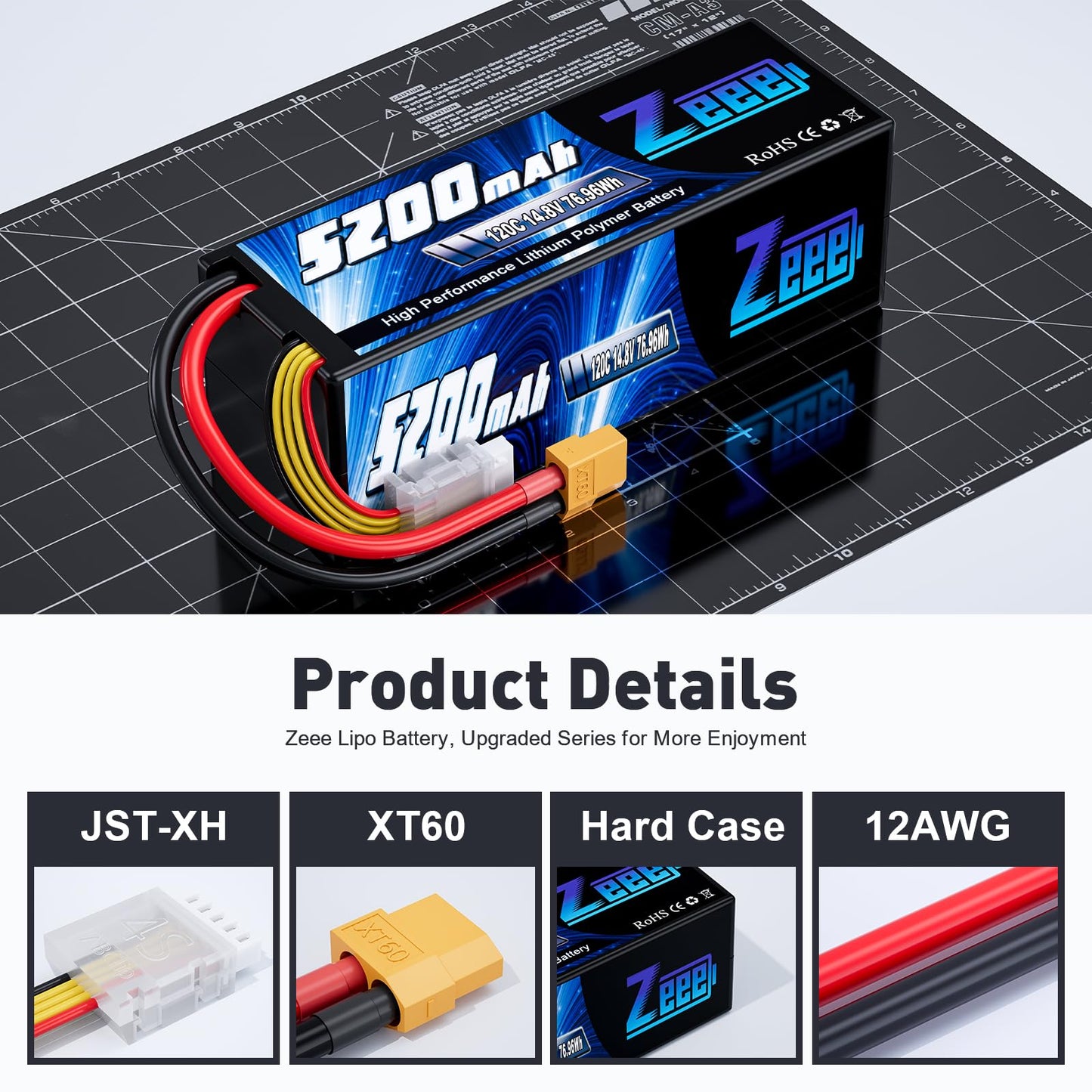 Zeee 4S Lipo Battery 5200mAh 14.8V 120C Hard Case RC Battery with XT60 Plug for RC Car Truck Vehicles RC Buggy Truggy 1/10 Scale