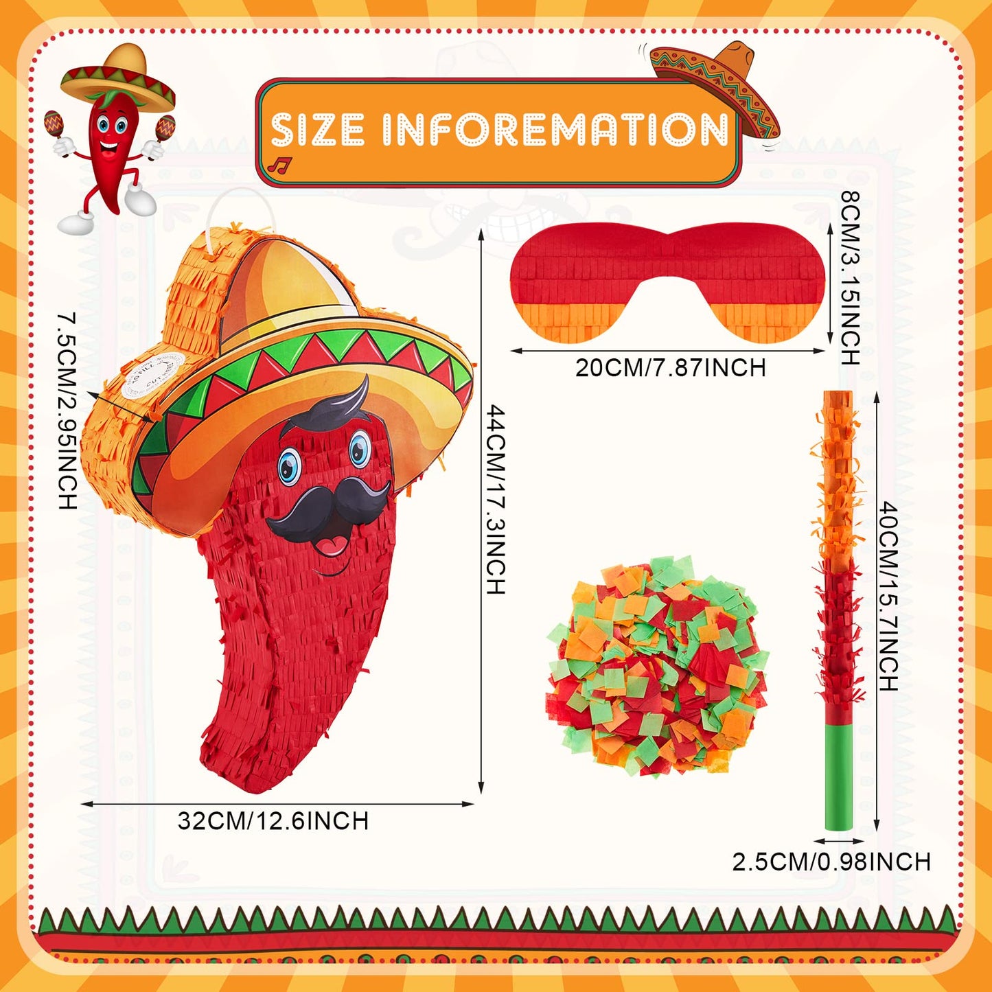 Lewtemi Red Chili Piñata - Small Cardboard Pepper Decoration for Birthday, Cinco De Mayo Fiesta Party with Stick, Blindfold, Confetti Set
