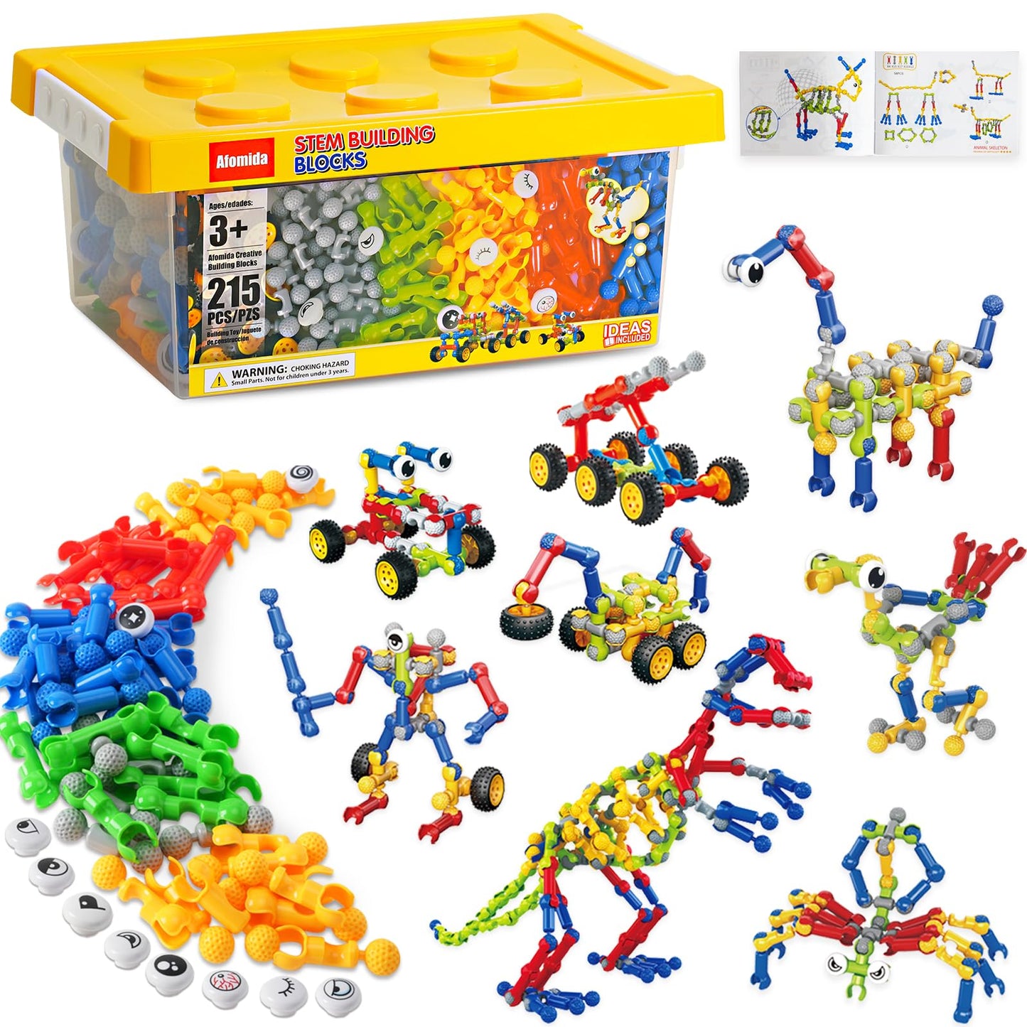 Afomida 215 PCS Creative Building Blocks Playset Toy - Featuring Storage, Includes Dinosaur, Robot, Car, Spider, Dog Figure, Lea