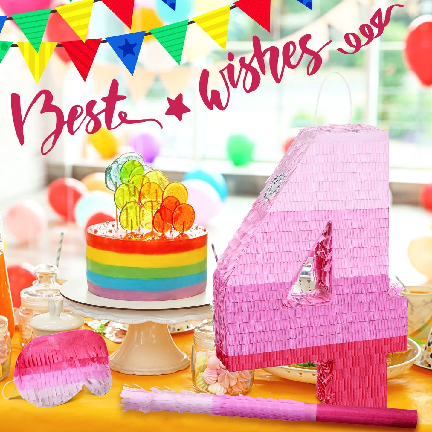 Number Pinata Number Birthday Pinata Decorations Gradient Pink Pinata With Stick Blindfold Confetti For Girls Boys Birthday Anniversary Party Decorations Supplies (Number 4)