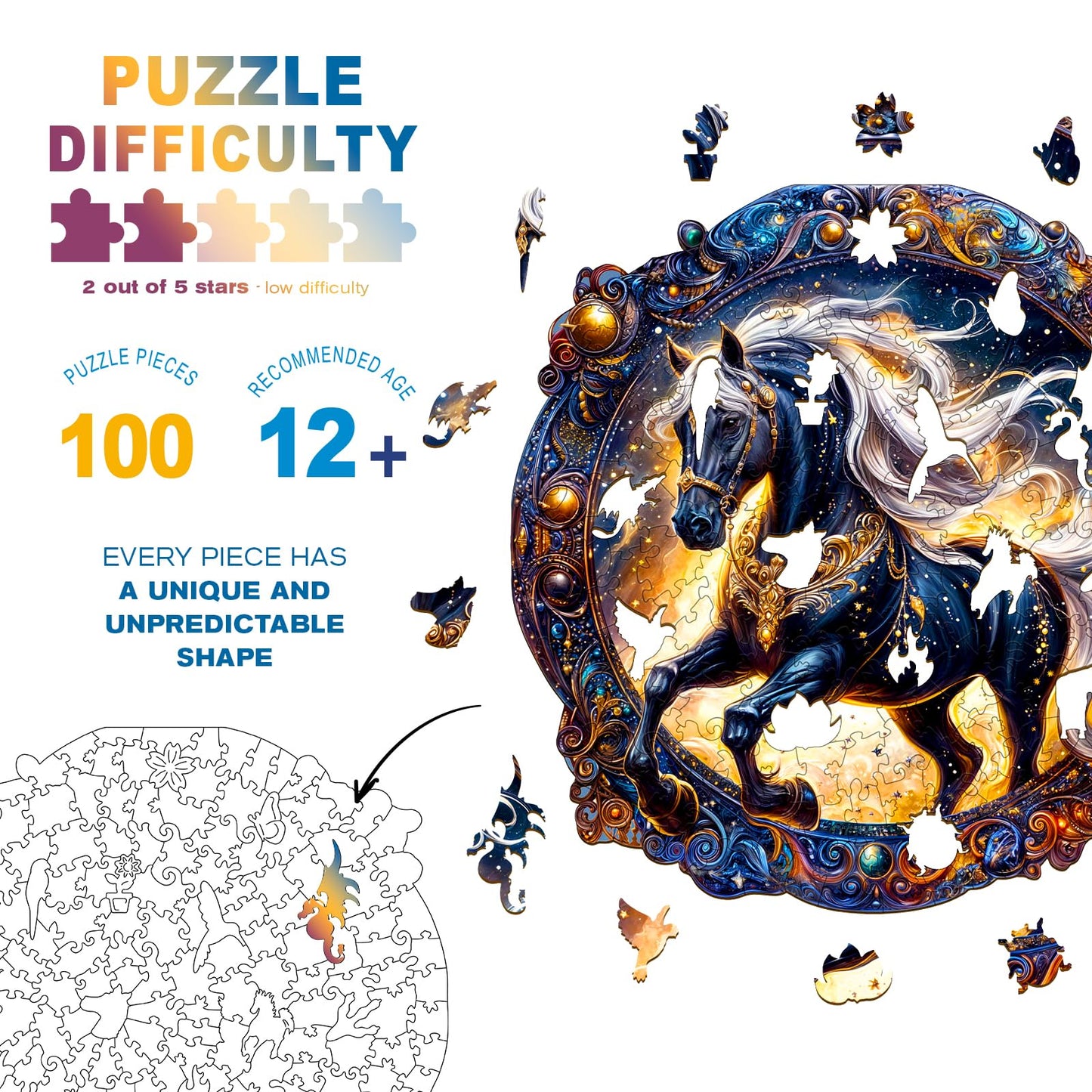 Wooden Puzzles for mature-themeds - Elegant Horse Wooden Jigsaw Puzzle - Unique Animal Shaped Wood Puzzles mature-themed - Creative Birthday Gift Family Game 100pcs