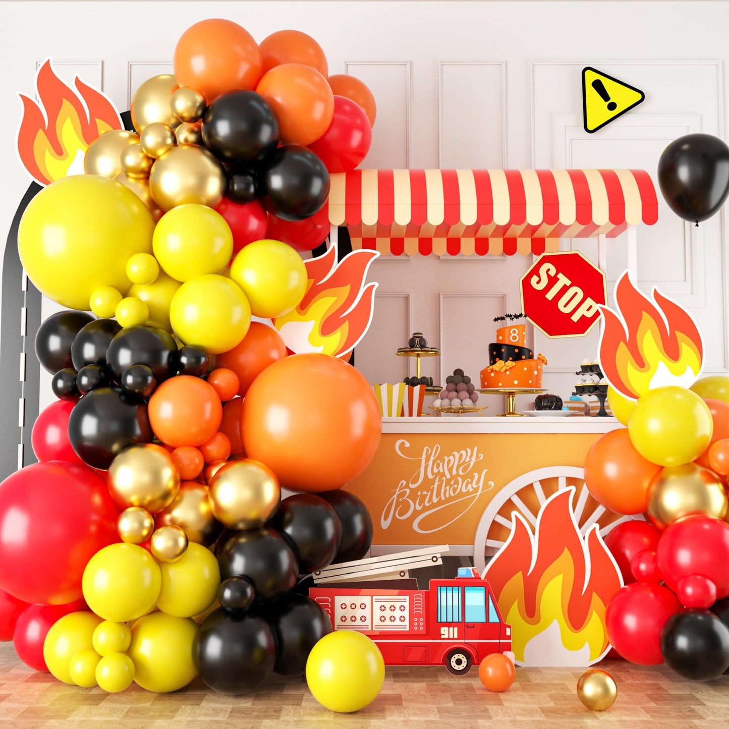 Red Yellow Black Balloon Arch, Fire Truck Balloon Garland For Firefighter Birthday Party Decorations, Fire Truck Theme Yellow An