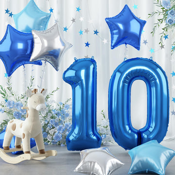 Dark Blue Number 10 Balloons, Big Royal Light Blue Silver Star One Balloon, 40 Inch Foil Mylar Pastel Teal Metallic Blue Self In
