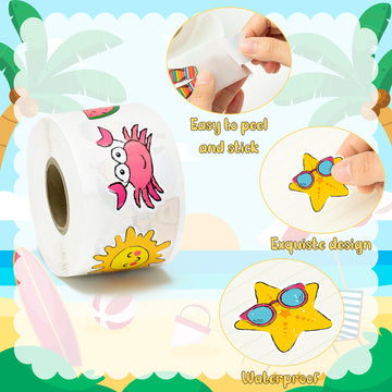 Beyumi Summer Beach Roll Stickers - 1000Pcs Summer Beach Stickers In 2 Rolls Waterproof Vinyl Cute Drawing Style Decals For Phone Laptop Water Bottle Notebook Luggage Computer Envelope Decor For Kids