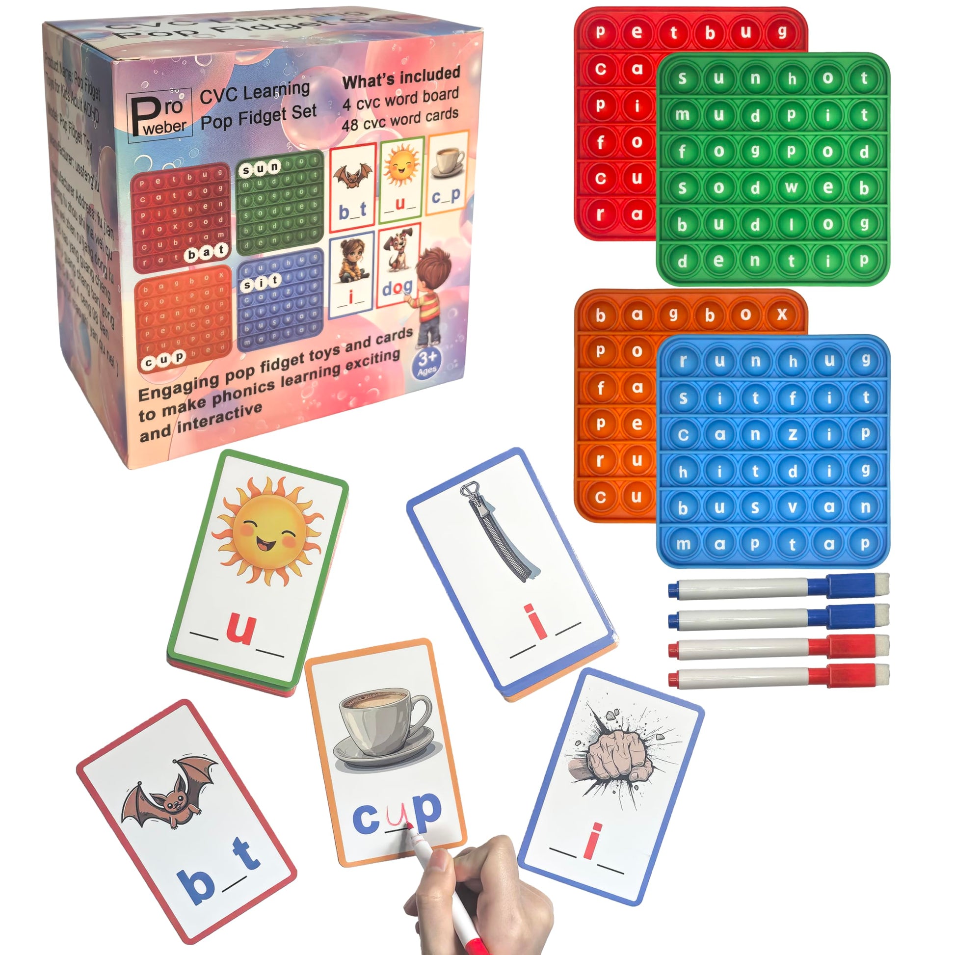 Proweber CVC Learning Pop Fidget Set with Flash Cards - Educational Spelling and Reading Game for Preschool and Kindergarten, In